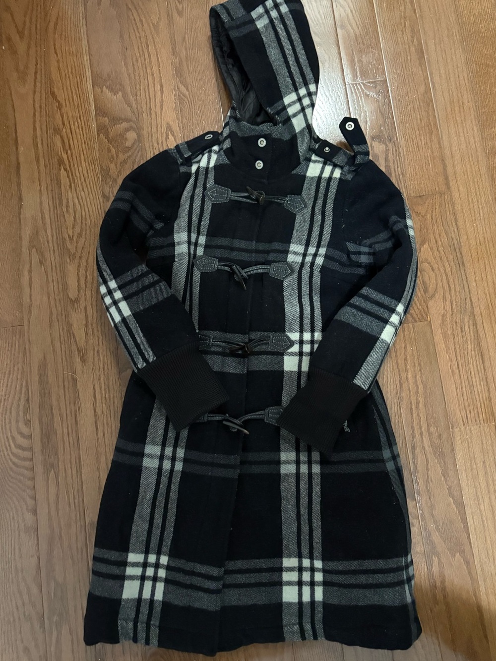 Women's Black & Gray& White Plaid Wool Hooded Toggle Coat